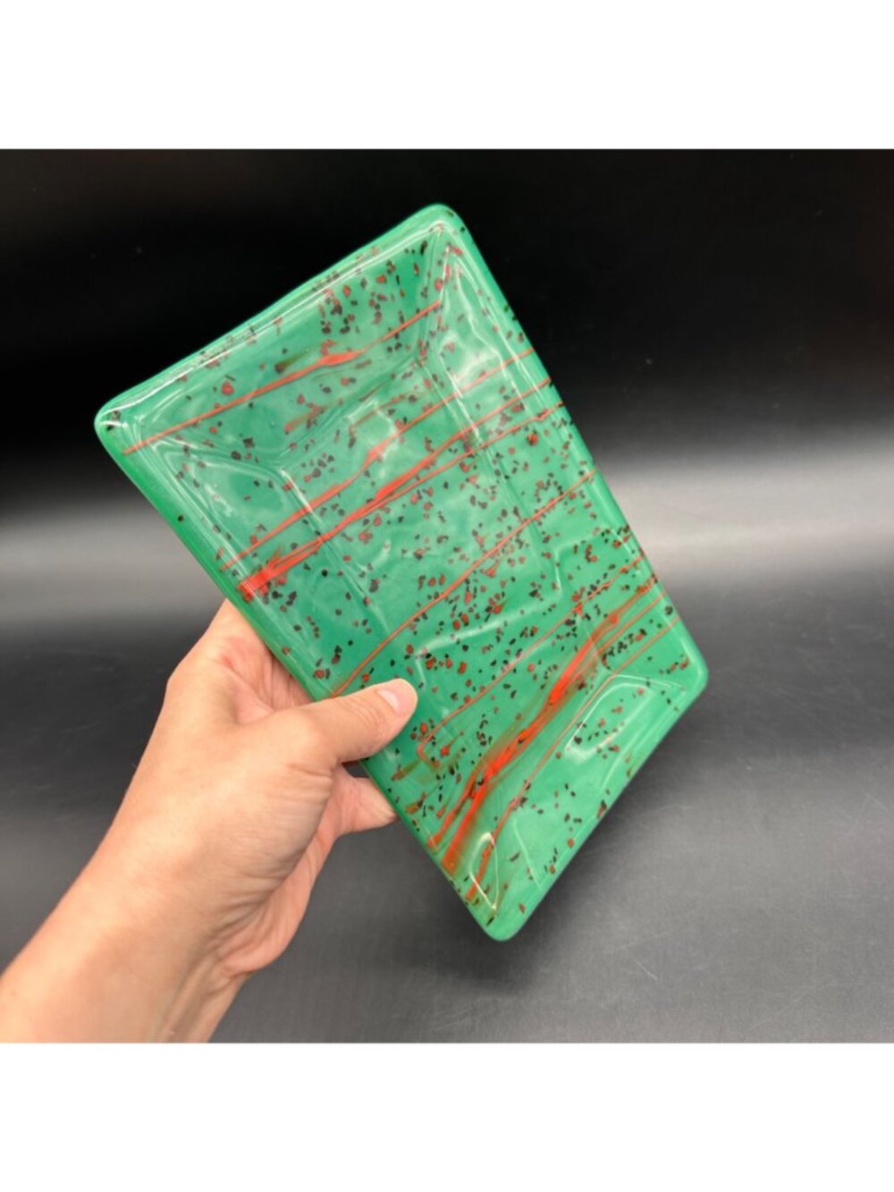 Fused Glass Tray Green Red Black Trinket Dish Plate Abstract Splatter Handmade - Picture 6 of 8